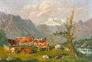 Johann Kaspar Scherrer Weidelandschaft in den Schweizer Bergen mit Katarakt und Gebirgshorizont oil painting on canvas